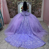 Ball Gown Strapless Lace Flower Appliques Beaded Bow Knot Lilac Tulle Quinceanera Dress For Sweet 16